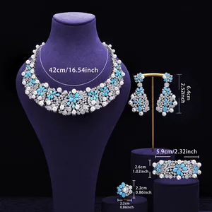 New Trendy 4PCS African Zircon Platinum Plated Jewelry Set for Women Wedding Party Indian Dubai Bridal Necklace Earring Gift