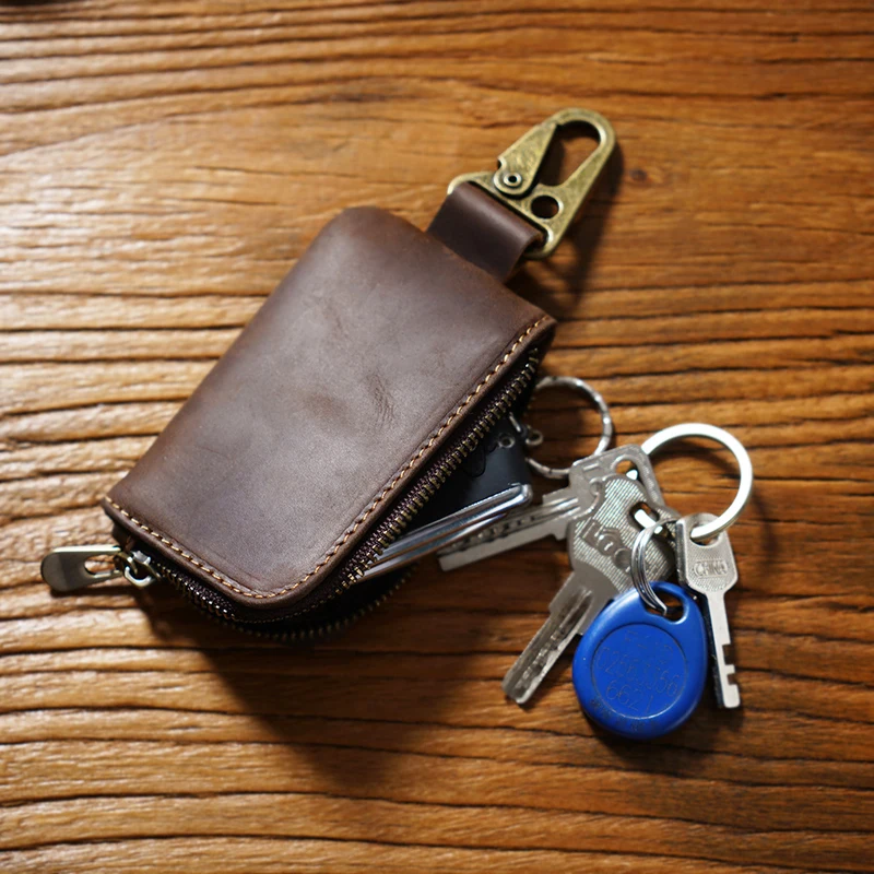 Genuine Leather Vintage Keychain Zip Type Holder Organizer Pouch Cowhide Car Wallet Housekeeper Key Case Mini Card Bag_voghion.com