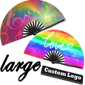 BSBH 13inch Customized Large Clack Reflective Large Plastic Bamboo Hand Fan for Rave Festival Holiday Gift Wedding Folding Fans