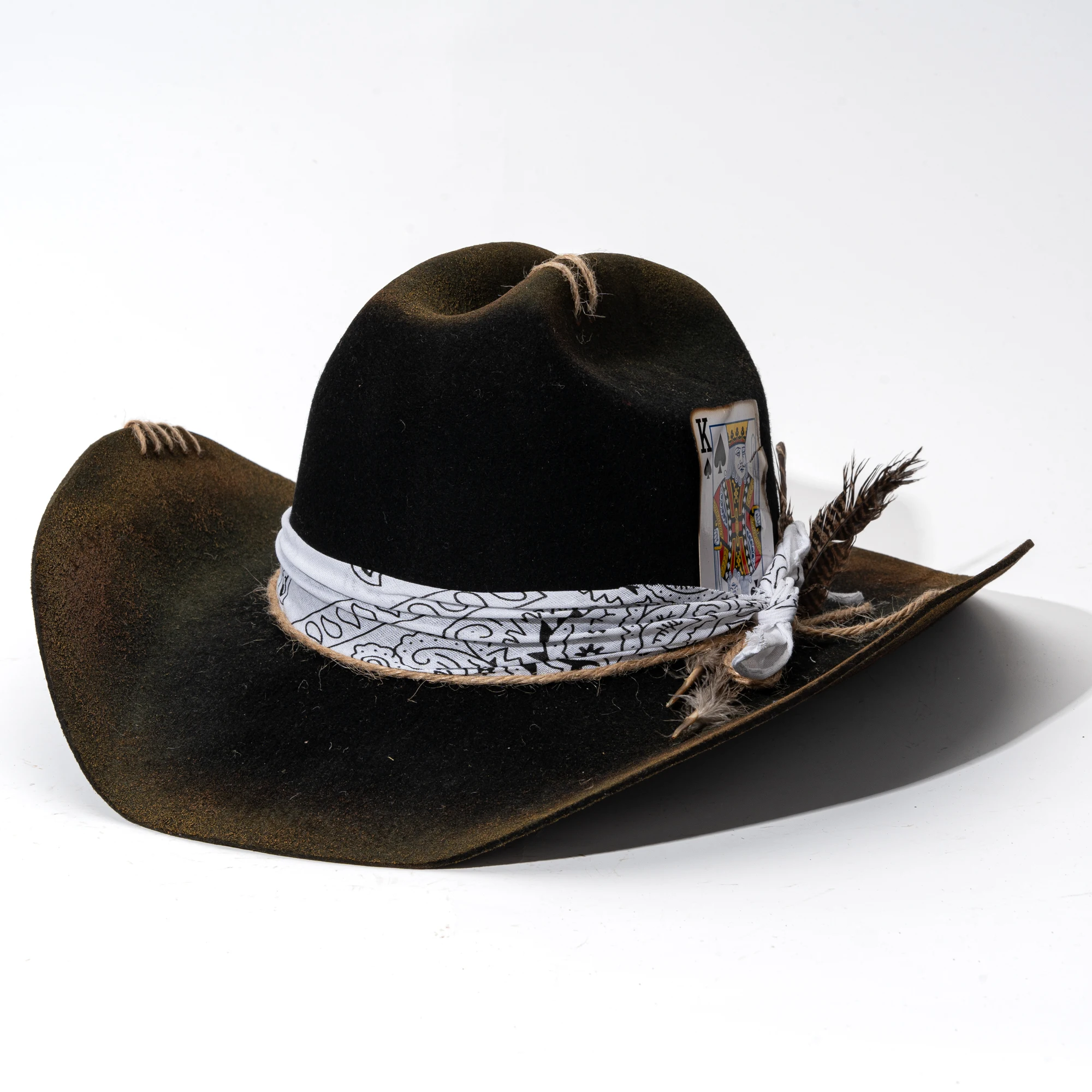 Western cowboy fedora wide brim hat. Handmade Wholesale Handmade Distressed Wool Cowboy Hat - Retro Style main image 3