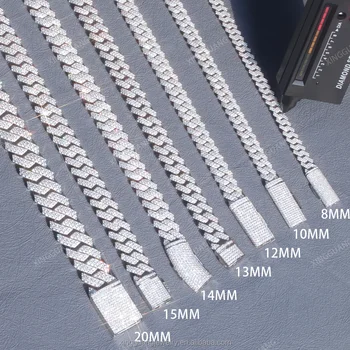 In Stock Fine Jerelry 925 Sterling Silver VVS Moissanite Diamond Iced Out Cuban Link Chain 8-15MM Cuban Bracelet for Men Women