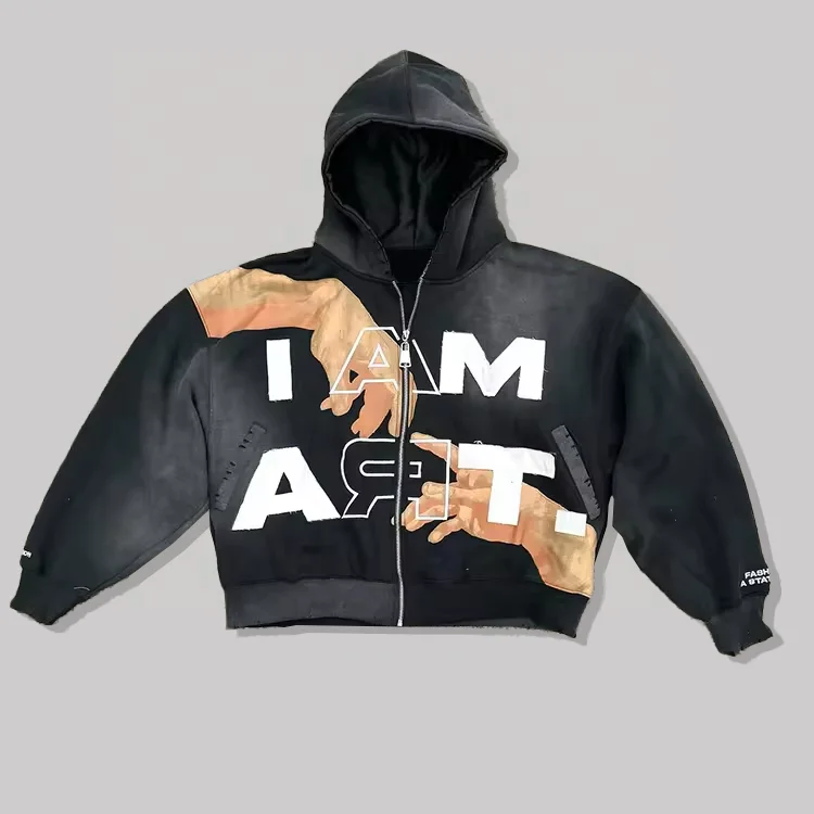 Custom Embroidered Printed Boxy Heavyweight Cropped Jogging Hoodie Distressed Acid Wash Zip up Satin Lined Hoodie for Men