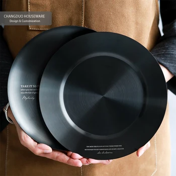 Modern black Stainless Steel tableware plates Dish Tray travel outdoor dinnerware for restaurant hotel home gift OEM custom logo