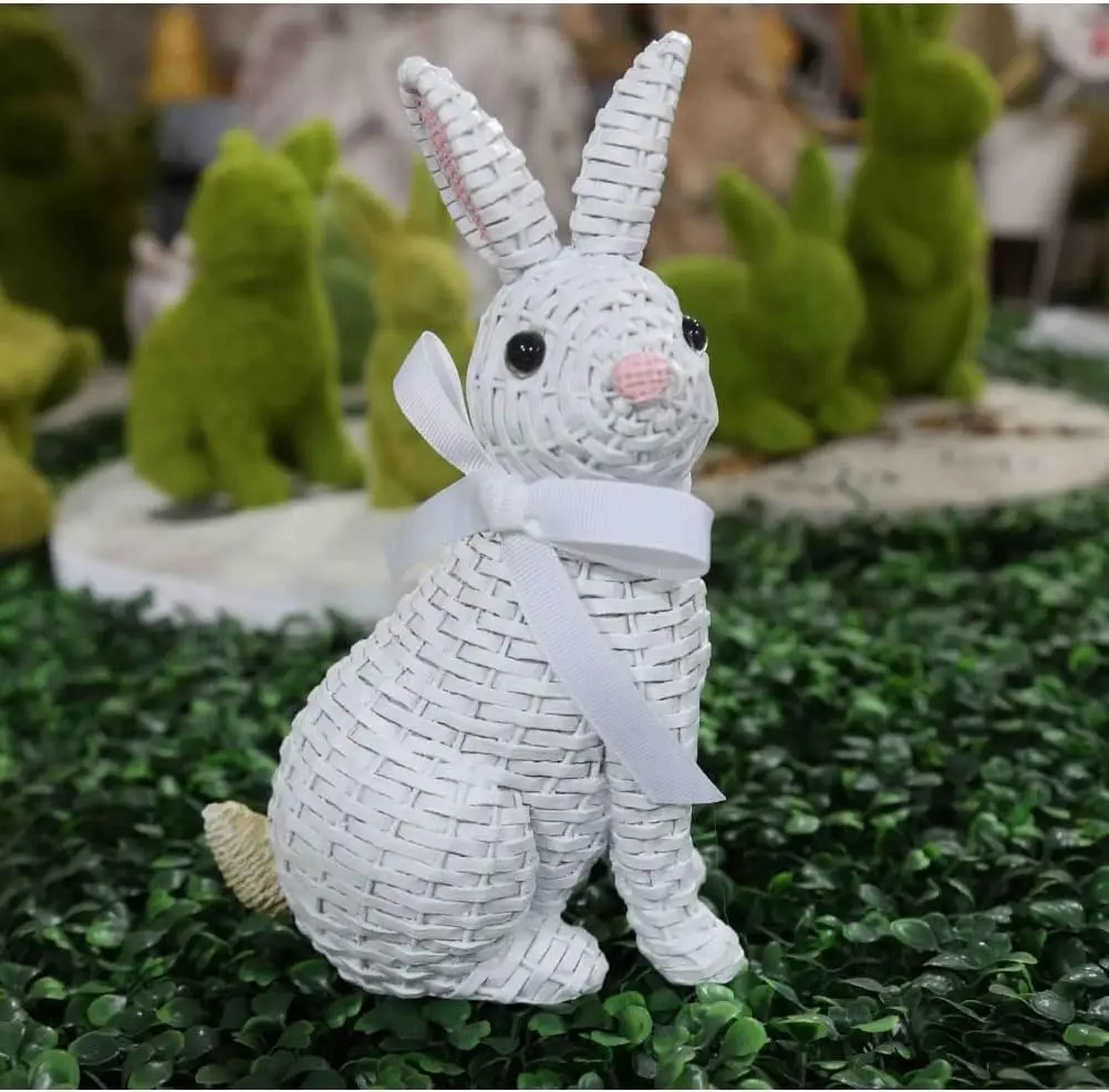 2024 New Easter Resin Rattan Wicker Bunnies Statue Rabbit Ornaments