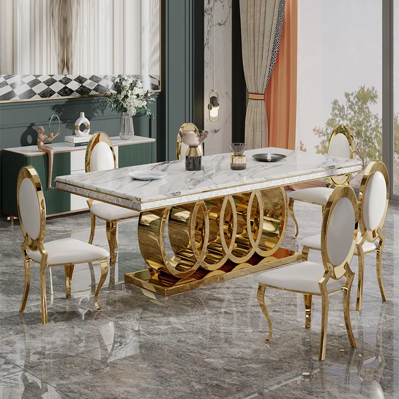 Luxury dining room set marble table top golden stainless steel base