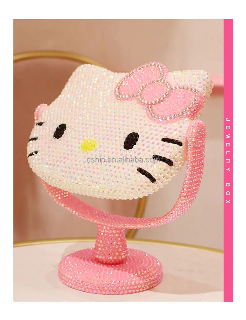 Wholesale Lovely Kitty Cat Vanity Hand Held Mirror Bling Diamond Makeup