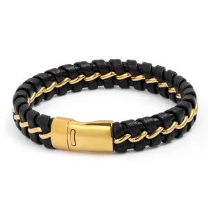 18K Yellow Gold Stainless Steel Braided Leather Men's Charm Bracelet with Laser Engraving
