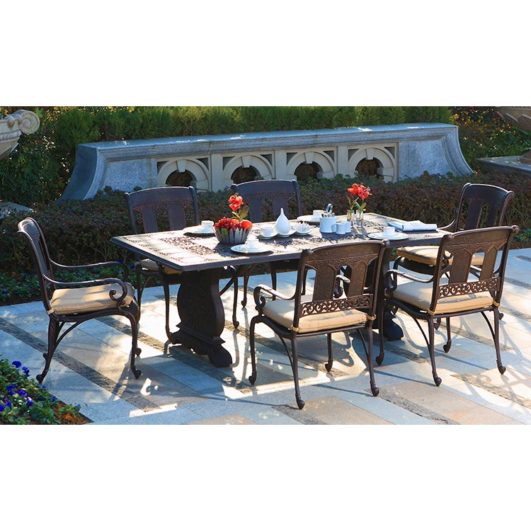 ホット ホット販売パティオガーデンハイエンドレストラン新しいテラス鋳造アルミニウムテーブルと椅子鋳造アルミニウム家具ダイニングセット