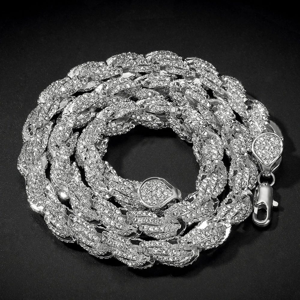 Collar de cadena de cuerda trenzada plata 925 con diamantes_voghion.com