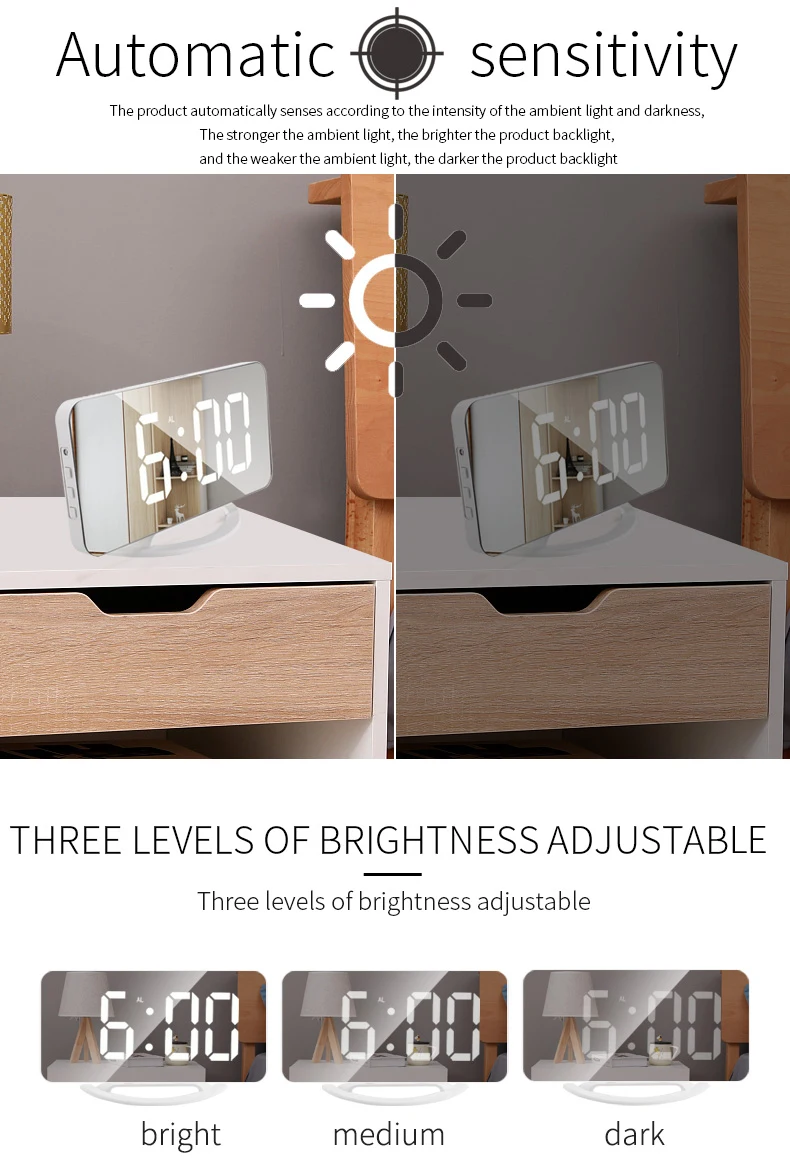 Digital LED Alarm Clock Mirror 2 USB Charger Ports LED Table Clock Snooze Function Adjustable Brightness Desk Clocks