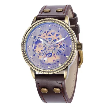 Good Quality Casual Vintage Belt Automatic Mechanical Watch Bronze Hollow Gear Men's Watch
