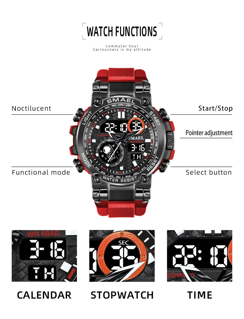 Alarm, Auto Date, chronograph, Day/Date, Multiple Time Zone, Water Resistant, Waterproof, LED Display, Luminous, Week Display, Luminous Hands, Back Light
