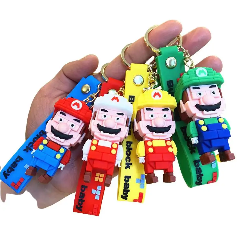 3D Cartoon Building Block Mario Keychain With Wrist Strap Wholesale Cute Car Key Chain Decorationsn Gift