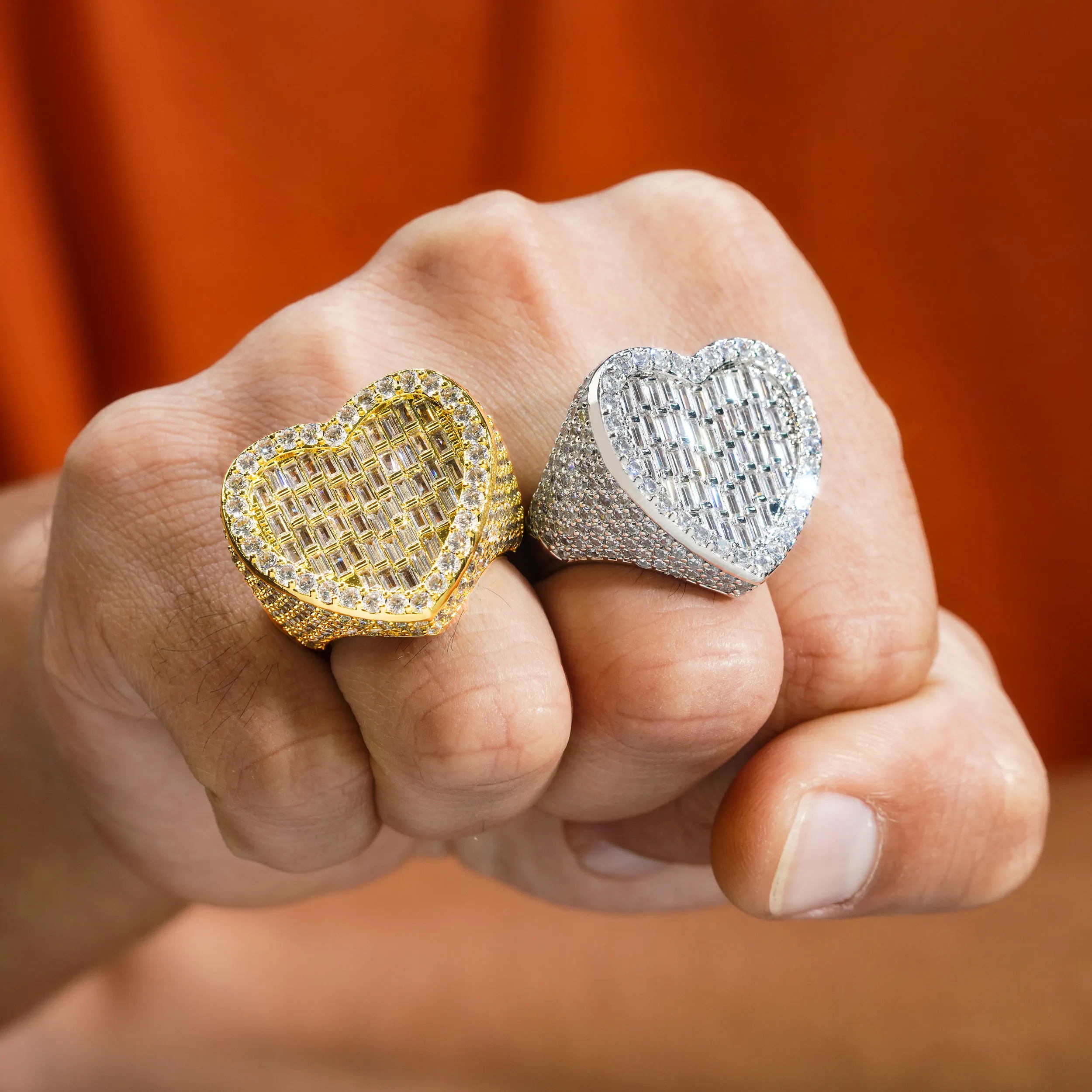 Bling Bling Heart Shape Baguette Cut 5A CZ Men Cuban Ring Hip Hop Ring  Cubic Zircon Diamond Brass Wedding Band for Men