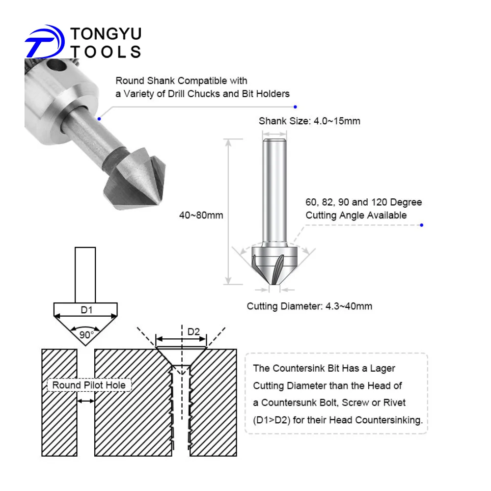 DIN335C 90 Degree 3 Flute HSS Countersink Drill Bit for Metals