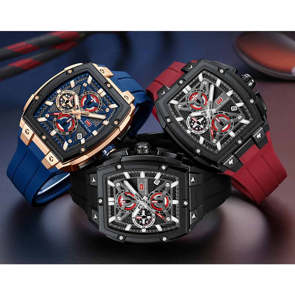 MINI FOCUS Chronograph Quartz Man New Model Watch for Men Sport Wristwatch with Black Rose Gold Silicone Strap MF0602G