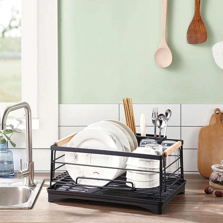 Dish Drying Rack with Drip Tray Stainless Steel Dish Drainer with Wooden Handles and Cutlery Holder