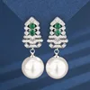 Green white pearl stud earrings