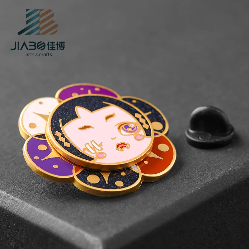 Spin hard enamel lapel pins two layers zinc alloy gold plating glitter metal badges