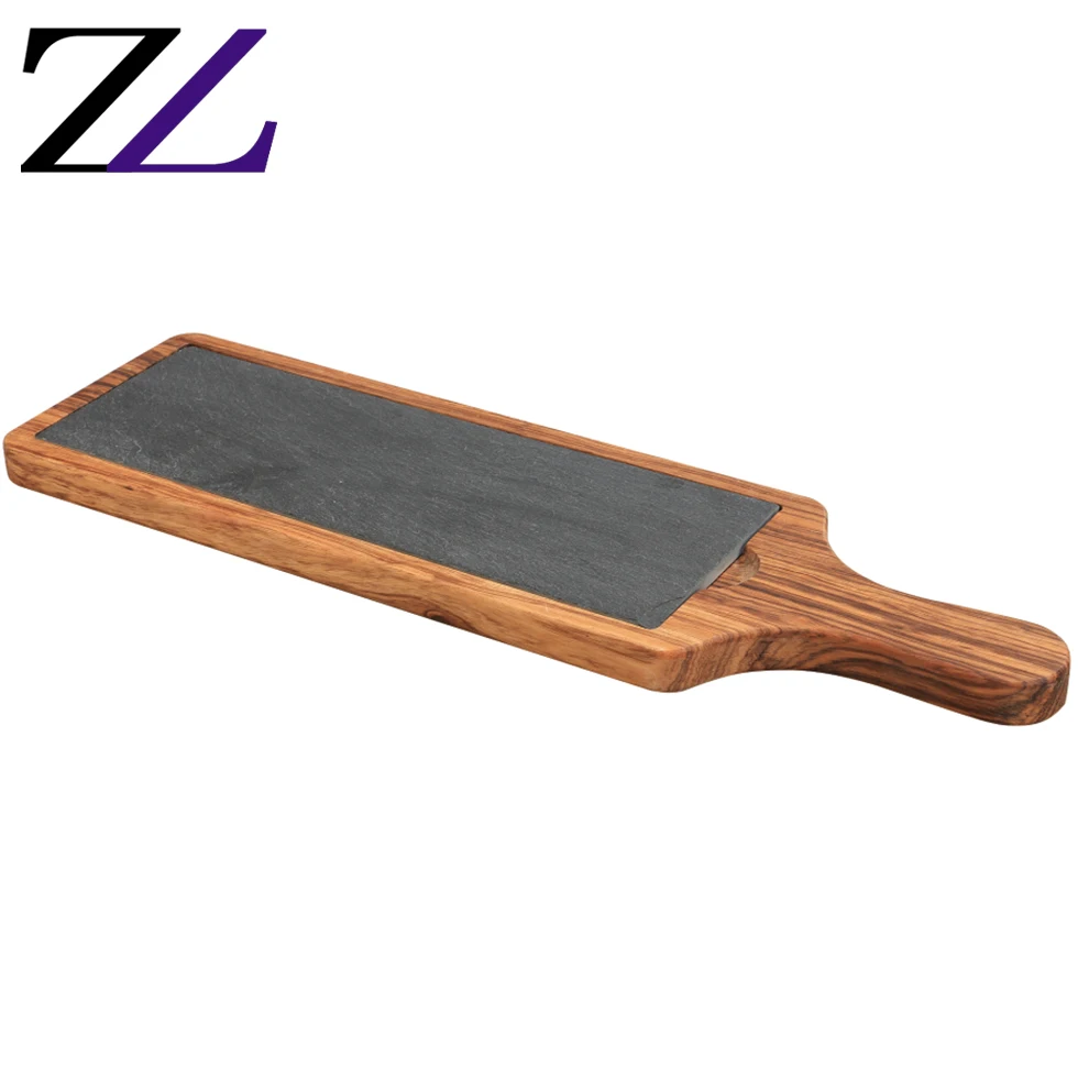 New Advantages of Buffet Catering Service Black Food Serving Dinner Pizza Wood Plate with Punch Handle Natural Slate Stone Plate