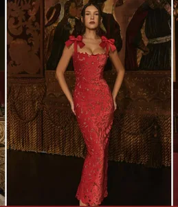 Sexy 2025 New Sexy Luxury Bow High-End Embroidered Hollow Sleeveless Maxi Dress Bodycon Lace up Elegant Dress for Women