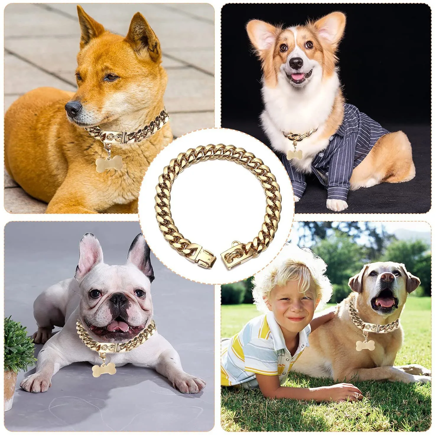 Dog With Gold Puppy Gold Chain Collar 14MM Gold Dog Chain Collar