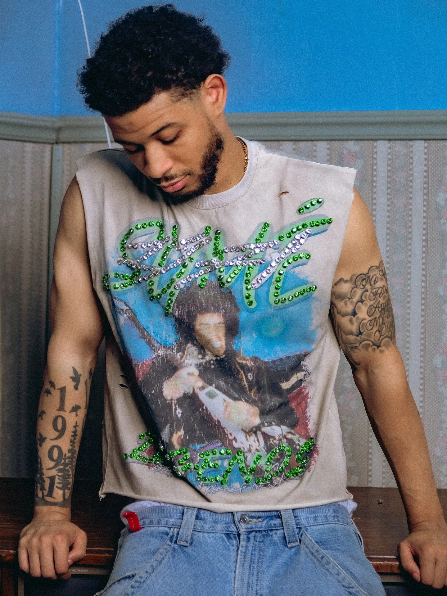 Men's Sun Faded Street Sleeveless Vest Custom Antique Graphic T-shirt Rhinestone Studs DTG Printed 200 Gram Fabric Weight Crop gallery 5