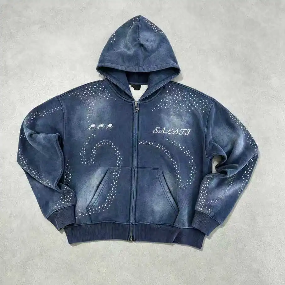 Wholesale Washed Zip up Hoodie Rhinestone Graphic Fleece Oversized Streetwear Casual Winter Bulk Fashion Men Zip up Hoodie gallery 6