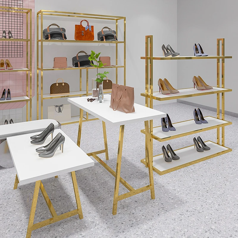 Miumaeov Shoe Handbag Display Stand 2 Piece Set Metal Nesting Tables  Imitation Marble Display Tables Gold Display Riser Shelf for Retail Store 