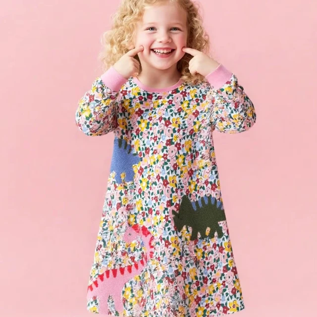 Sweet Girls Autumn Girls Cotton Floral Print Princess Dress Cartoon Embroidery for 2-7Y Toddlers Children