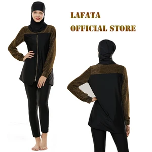 LaFata Women's Long Sleeve Full Cover Muslim Swimwear Hijab Burkini Islamic Swimsuit Waterproof Breathable 3 Piece Set