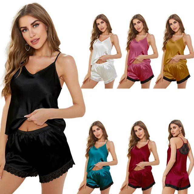 High quality Solid Color home suit Ladies Sleepwear Night Women Sexy Satin suspender Camisole Summer Set Pajamas