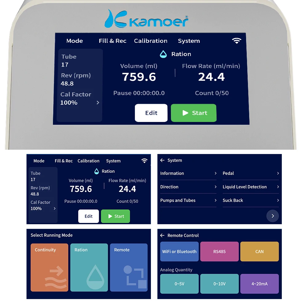 Kamoer UIP LCD Display Touch Screen Control High Flow Rate 3 Operating Modes Servo Motor Precision Head Peristaltic Pump