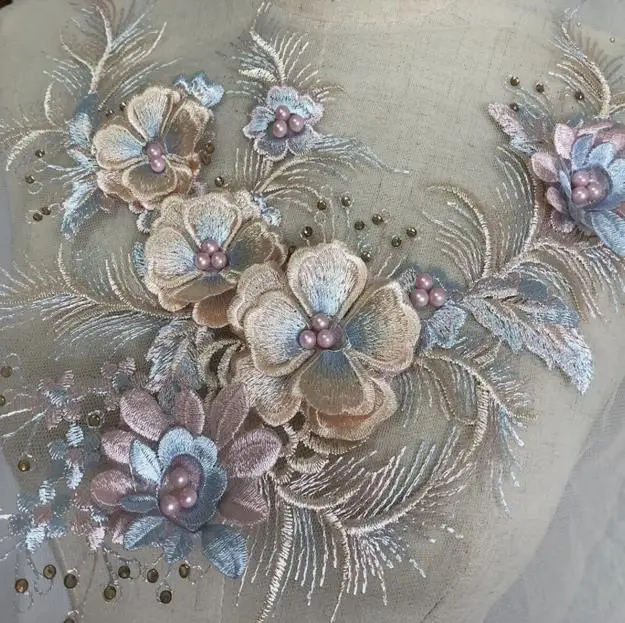 Patches For Clothes 3D Embroidery Flower Lace Bridal Applique Beaded Pearl Tulle Trims Wedding Lace Fabric