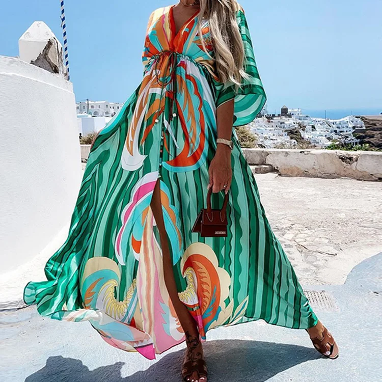 Elegantace up Dress Vacation Style Fashionloosepcasual Stripedsupply  Discount Summer Party Dresses Natural Polyester OEM Service