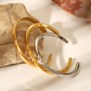 MW Wholesale Women's Fashion Minimalist 18K Gold-Plated Stainless Steel Retro Cuff Bracelet