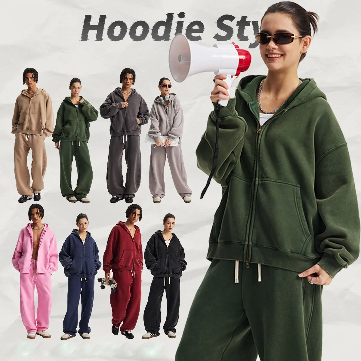 Trendy Brand's Winter Fleece-Lined Cotton Jacket Long Short Zip-Up with Washed Wax Dye Hooded Sweatshirt with Front Logo Print