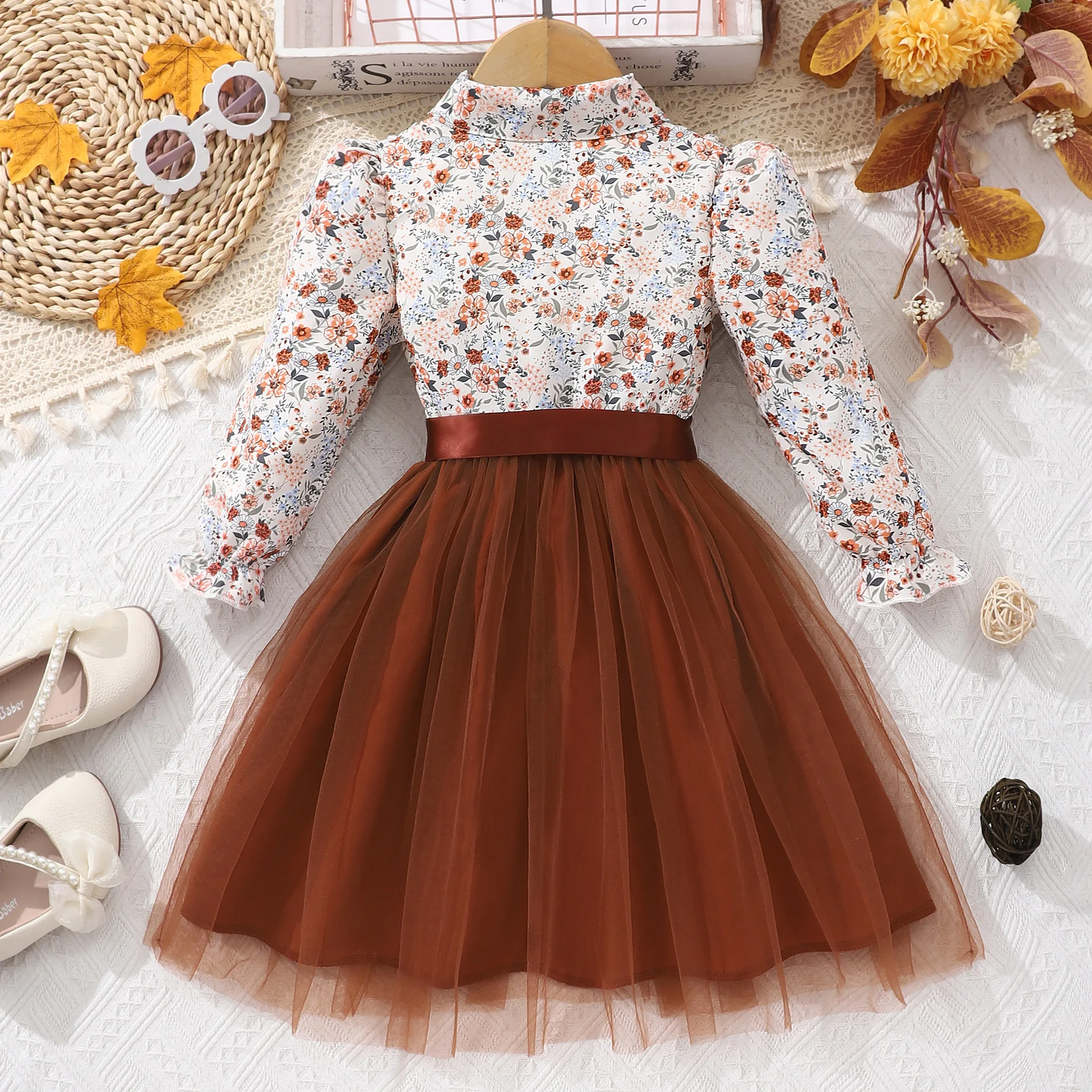 Spring and Autumn Flying Sleeves Long Sleeved Printed Dress New Product Children's Flower Mesh Dress Girl Princess Dress