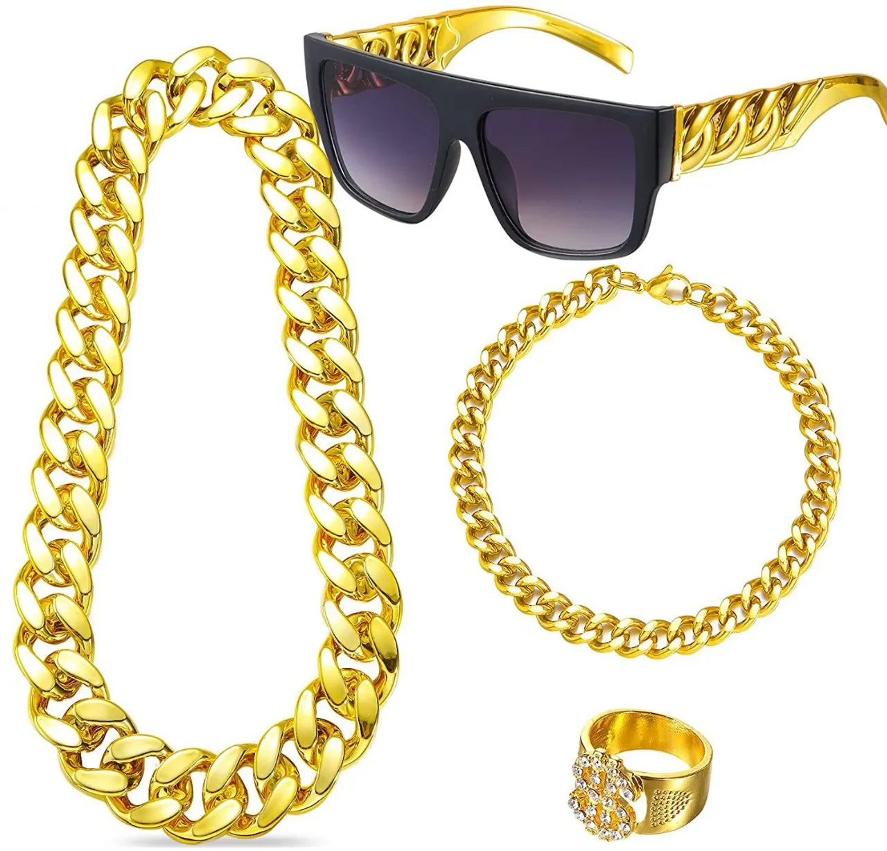 Set De 4 Accesorios Hip-hop De Los 80-90: Collar, Anillo Dólar, Gafas De Sol, Ideal Para Carnaval Y Cosplay