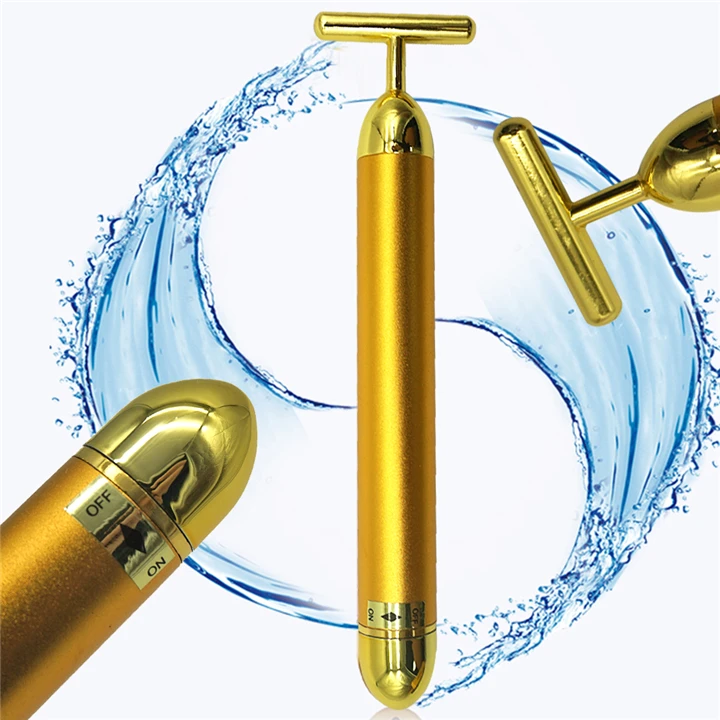 T Shape Energy Micro Vibrating Facial Roller Beauty Bar 24k Golden Pulse  Facial Massager