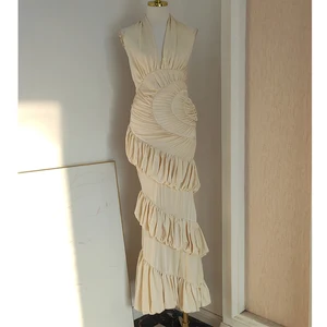 Factory Wholesale New Design Midi Sleeveless Dress Women Summer Halter Bandage Ruffles Elegant Parties Stage Performances