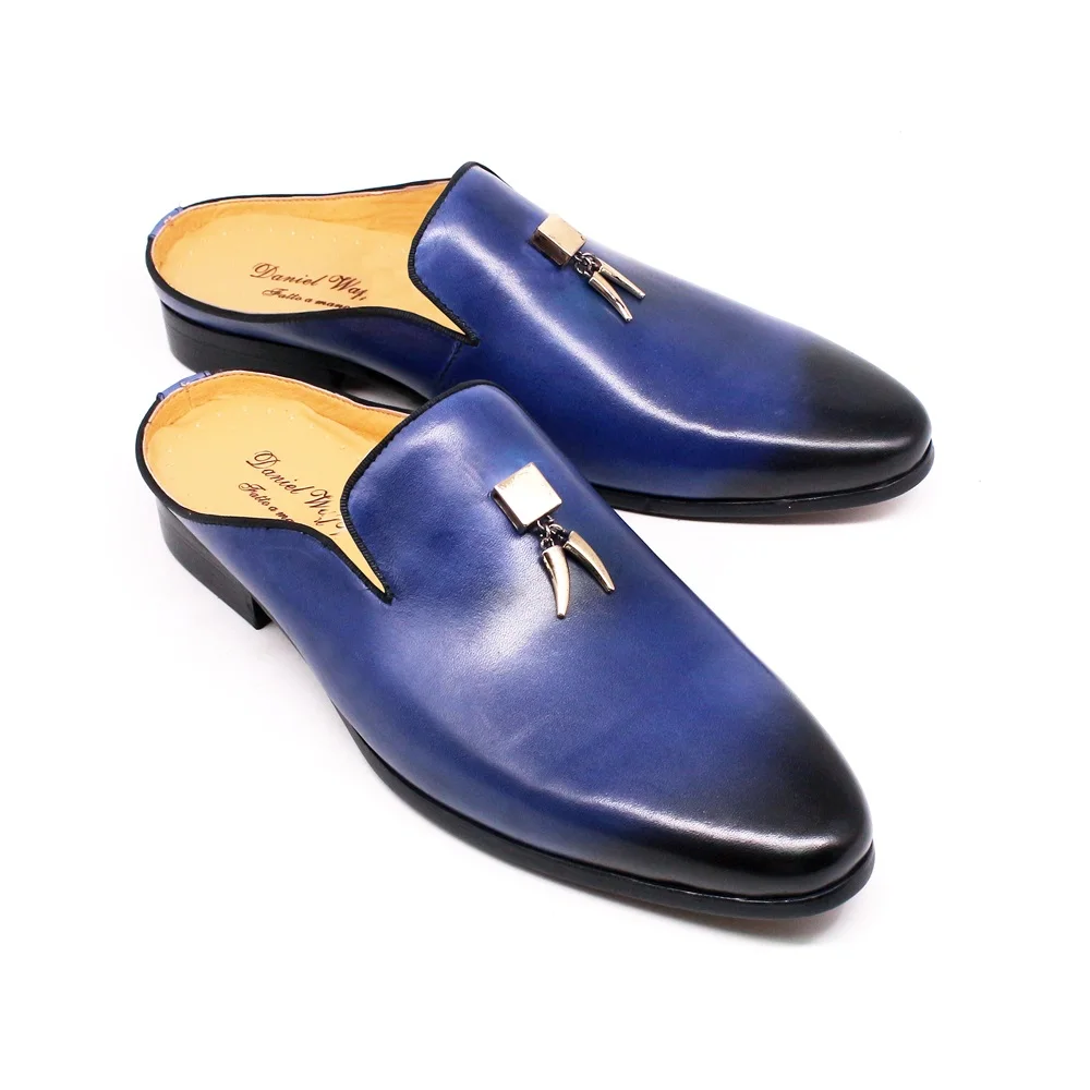 Men's Genuine Leather Open Back Loafers Mens Lightweight Mules Male  Backless Dress Shoes Navy blue/Black/White/Brown Size 38-44