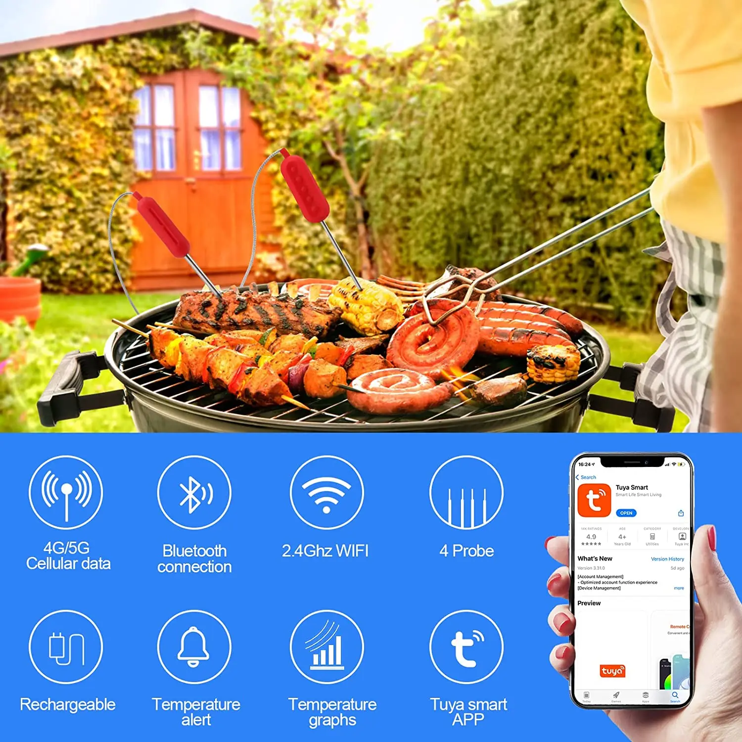 Bbq Rechargeable Smart Wi-Fi&Bluetooth 4/6 Probes Food Thermometer