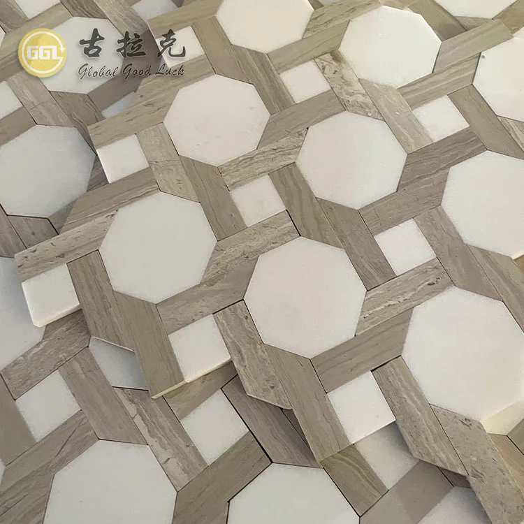 Thassos white Marble mix Wood Marble Octagon Shape Marble Floor for Bathroom Tile factory