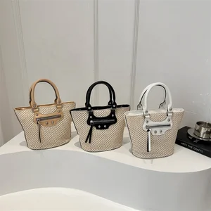 Durable Using Straw Basket Bag Woven Bag Women Large Capacity Classic Printing Tote Bag PU Leather Strap Raffia Handbag