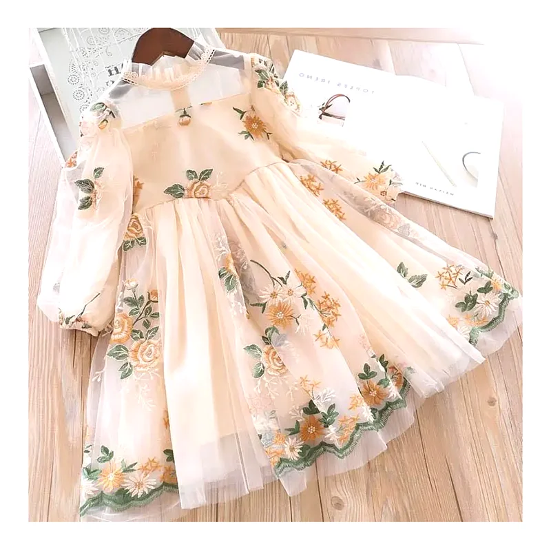 2023 New Arrival Muslim Fairy Dress Girls Long-Sleeved Embroidery Puff  Sleeves Lace Detail Cotton Western Style Clothing Summer