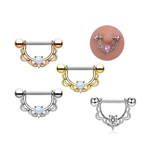 Xinfocus Body Jewelry Opal Nipple Shield Ring 14G Stainless Steel Nipple Piercing Jewelry Opal Prong Piercing