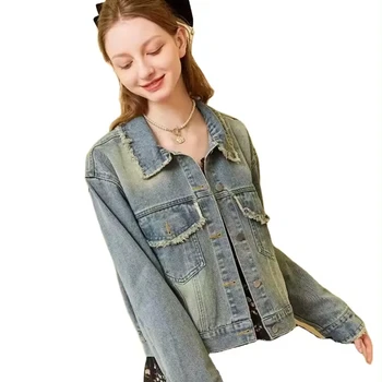top with broken edge washing  women's jacket denim for 2024 new arrival