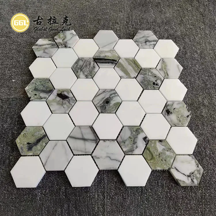 Hot Sale Ice Jade Green Mix Thassos White Marble Hexagon Bathroom Mosaic Tile Wall