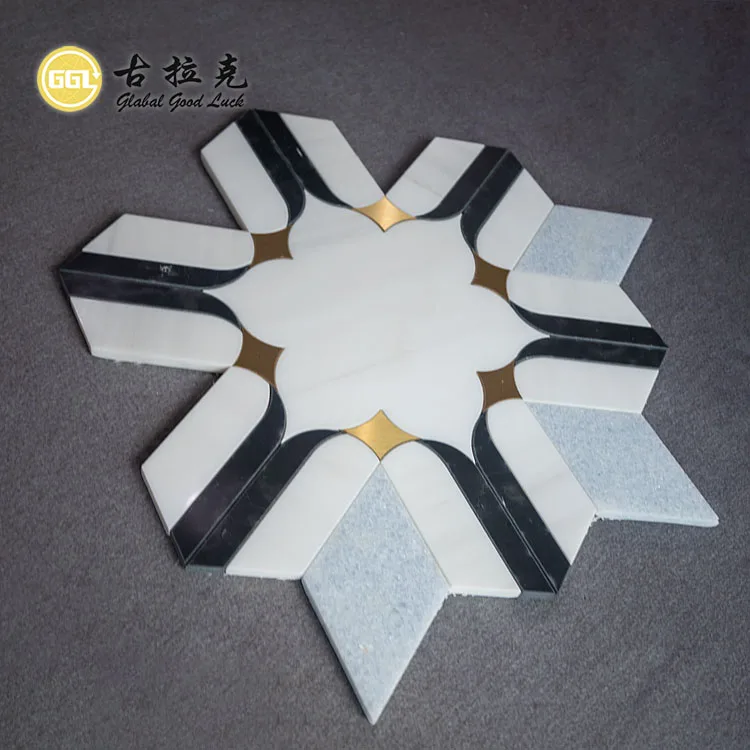 Water Jet Black and White Flower Shaped Marble Mosaic Tile Mix Brass Natural Marble Mosaic for Kitchen Splash Tile details